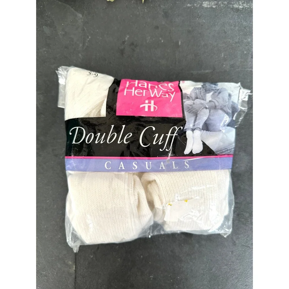Vintage 4 pair Hanes Her Way Double Cuff Socks Casuals 5-9 white 99-hhw-521